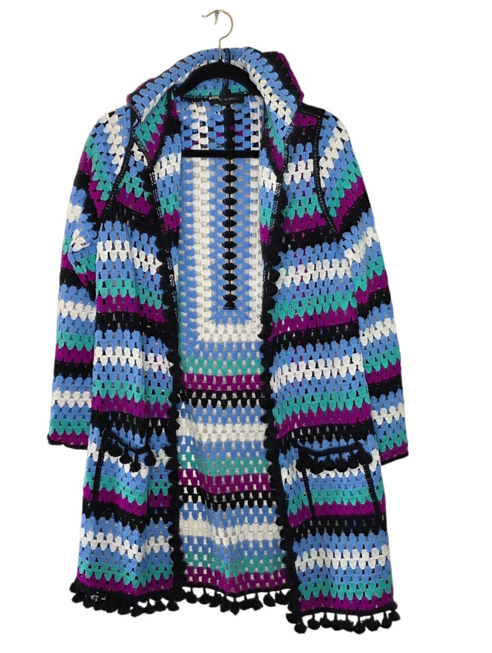 Free the Roses Crochet Hooded Cardigan Open Front Pom-pom Trim Pockets Spring - Picture 14 of 14